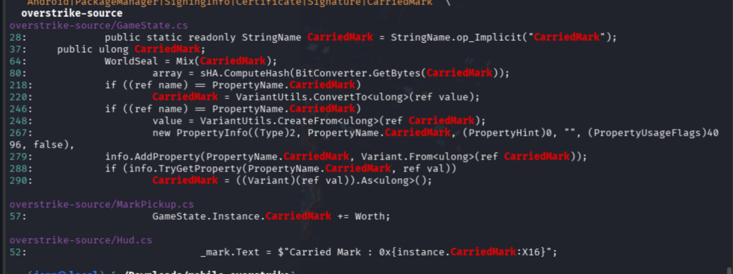 Source search showing no second writer for CarriedMark and no Android signing integration
